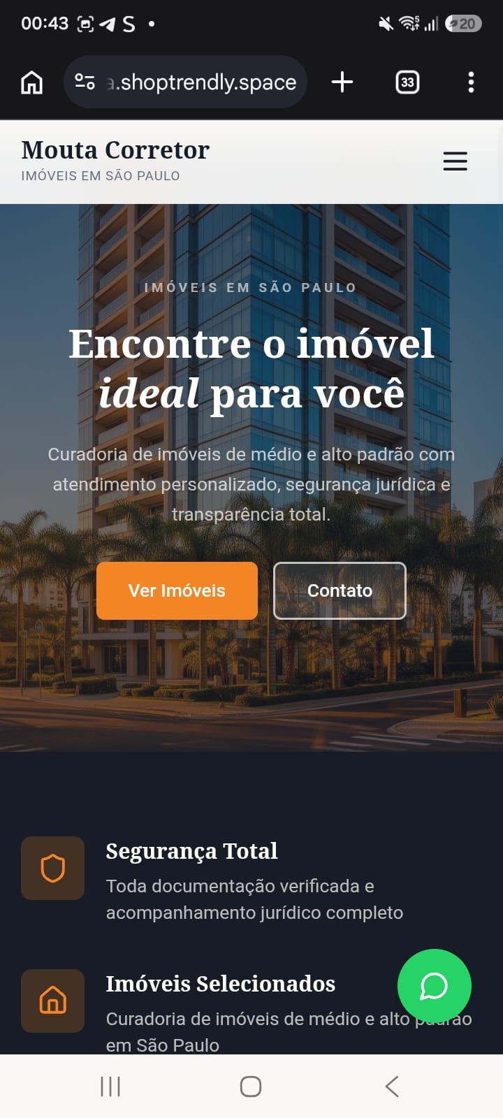 Site Mouta Corretor em um celular: hero com prédio de alto padrão e botões Ver Imóveis e Contato