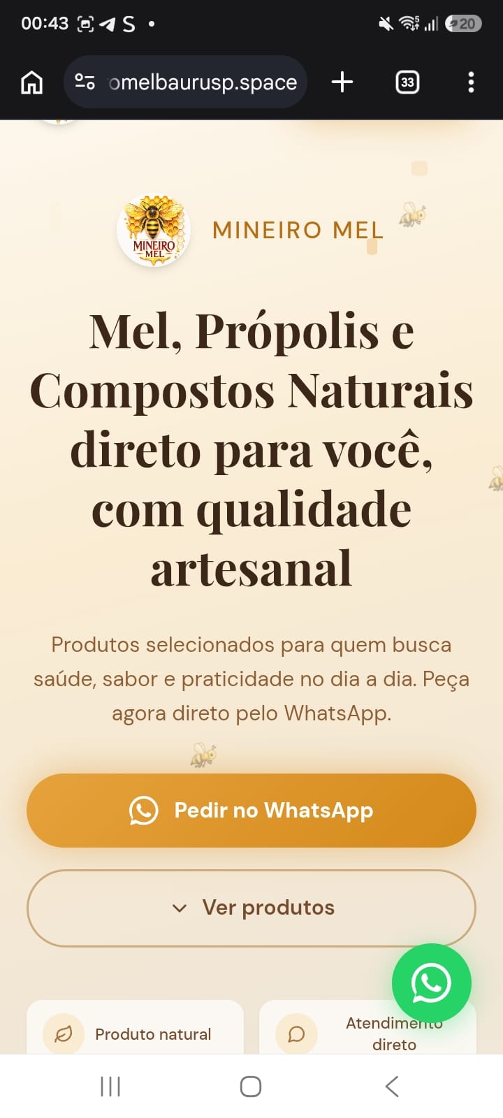 Site Mineiro Mel em um celular: tipografia serifada, paleta âmbar e botão Pedir no WhatsApp